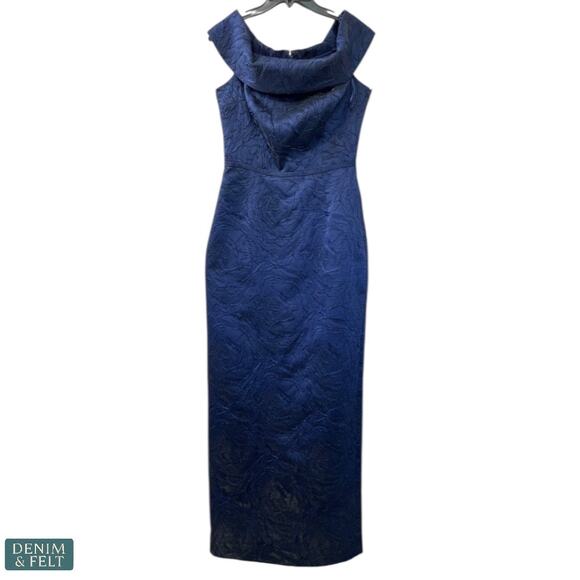 Teri Jon Rickie Freeman Navy Off Shoulder Jacquard Gown Formal Dress 6 Wedding - Picture 9 of 15